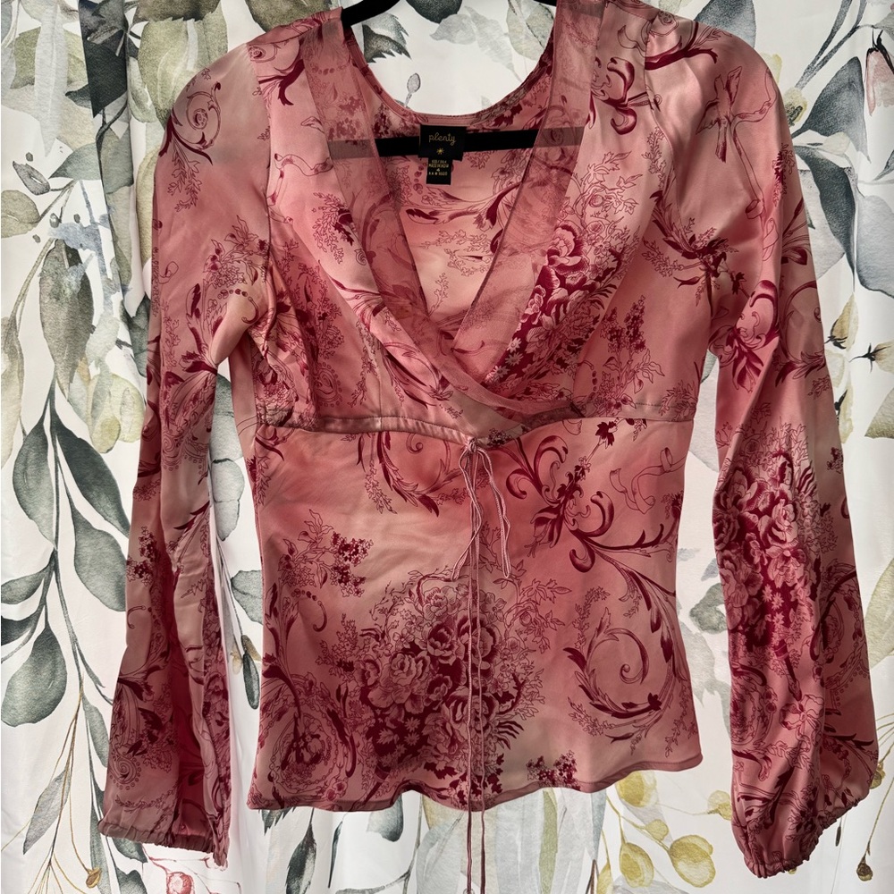 Pink Fitted Blouse with V-Neck and Tie Front